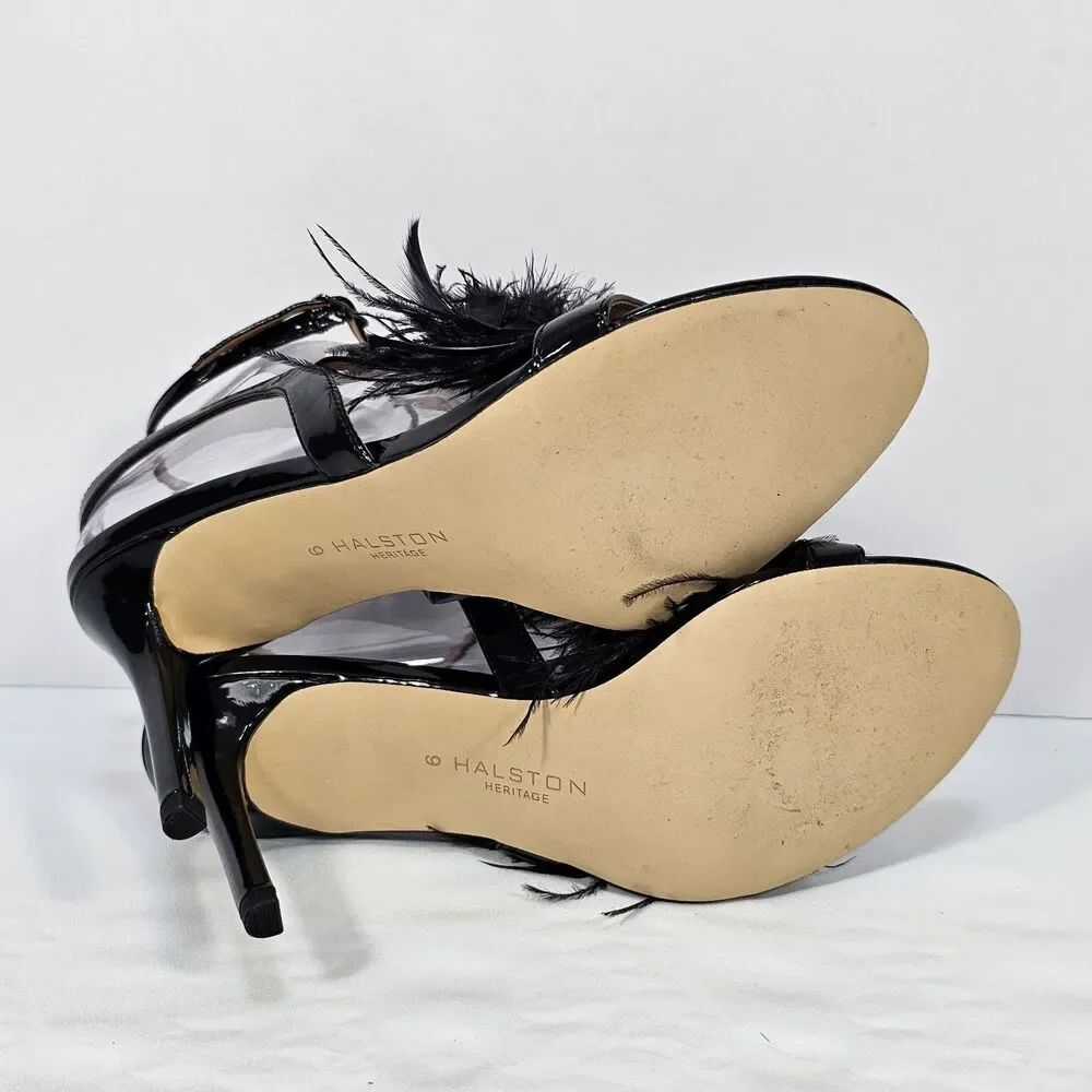 Halston Heritage Tasha Black Patent Feather Ankle Strap Sandals 4